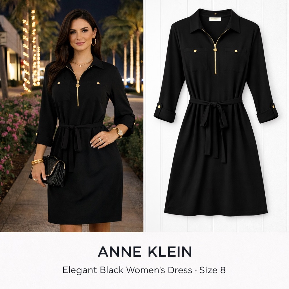 Anne Klein Elegant Black Shirt Dress Women’s Size 8 Gold Zip